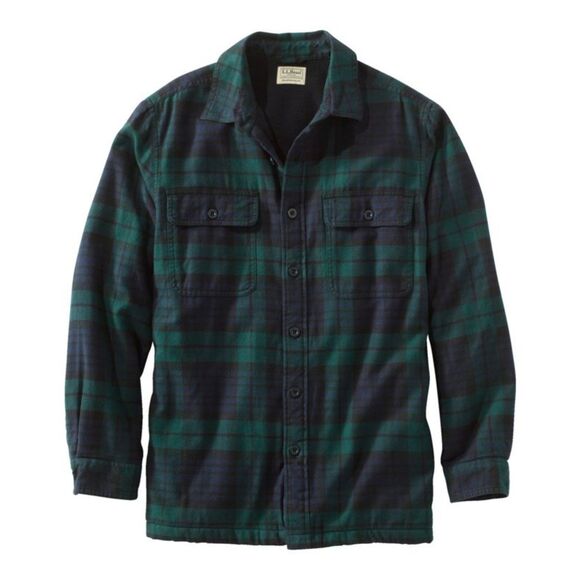 L.L.Bean Green Blue Plaid 100% Cotton Flannel Fleece Lined Shacket size Large - Picture 1 of 8